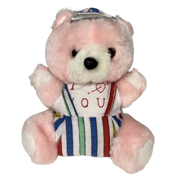 Vintage Tiny Teddy Bear I Love You Stuffed Animal 6" Pink Striped Overalls Hat - Picture 1 of 9